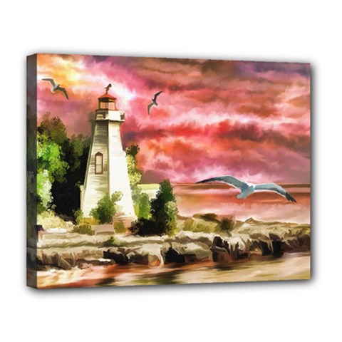 Lighthouse Ocean Sunset Seagulls Canvas 14  X 11  (stretched) by Sudhe