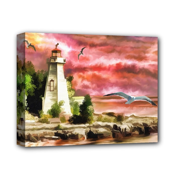 Lighthouse Ocean Sunset Seagulls Deluxe Canvas 14  x 11  (Stretched)