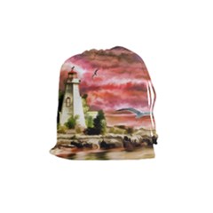 Lighthouse Ocean Sunset Seagulls Drawstring Pouch (medium) by Sudhe