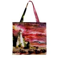 Lighthouse Ocean Sunset Seagulls Zipper Grocery Tote Bag by Sudhe