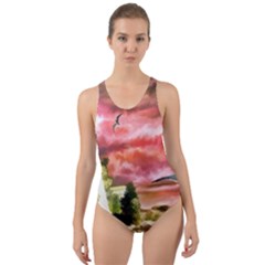 Lighthouse Ocean Sunset Seagulls Cut-out Back One Piece Swimsuit by Sudhe