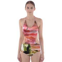 Lighthouse Ocean Sunset Seagulls Cut-out One Piece Swimsuit by Sudhe