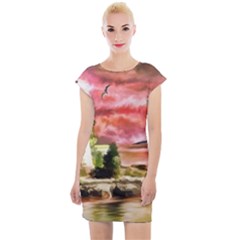 Lighthouse Ocean Sunset Seagulls Cap Sleeve Bodycon Dress by Sudhe