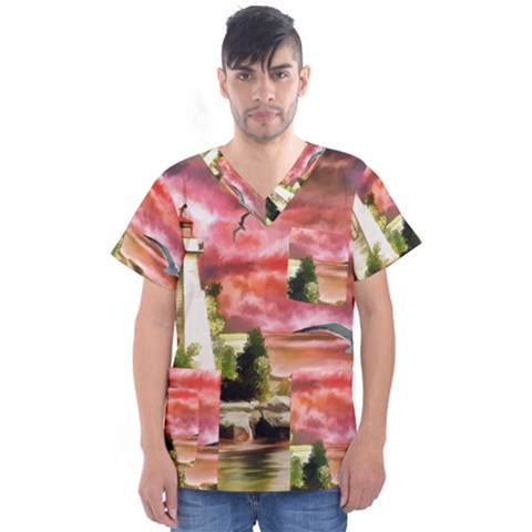 Lighthouse Ocean Sunset Seagulls Men s V-neck Scrub Top by Sudhe