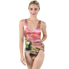 Lighthouse Ocean Sunset Seagulls High Leg Strappy Swimsuit by Sudhe