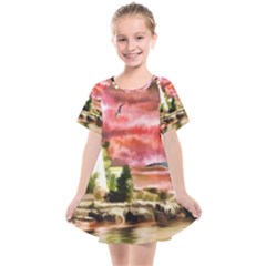 Lighthouse Ocean Sunset Seagulls Kids  Smock Dress by Sudhe