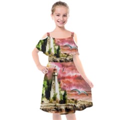 Lighthouse Ocean Sunset Seagulls Kids  Cut Out Shoulders Chiffon Dress by Sudhe