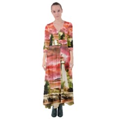 Lighthouse Ocean Sunset Seagulls Button Up Maxi Dress