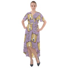 Corgi Pattern Front Wrap High Low Dress by Sudhe