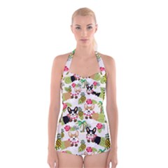 Corgis Pattern Boyleg Halter Swimsuit  by Sudhe