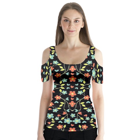 Flowers-2 Butterfly Sleeve Cutout Tee  by ArtworkByPatrick