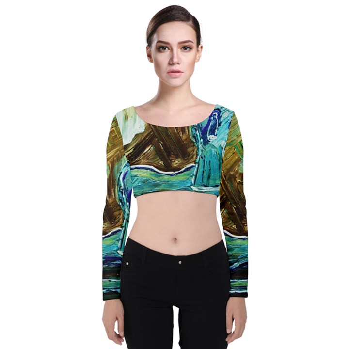 wood horsey-1-1 Velvet Long Sleeve Crop Top