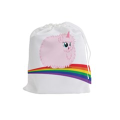 Pink Fluffy Unicorns Dancing On Rainbows Drawing Drawstring Pouch (large) by Sudhe