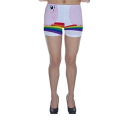 Pink Fluffy Unicorns Dancing On Rainbows Drawing Skinny Shorts by Sudhe