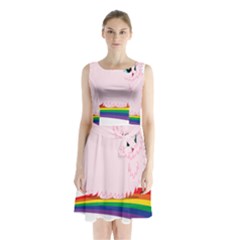 Pink Fluffy Unicorns Dancing On Rainbows Drawing Sleeveless Waist Tie Chiffon Dress by Sudhe