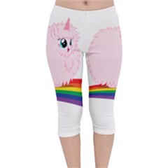 Pink Fluffy Unicorns Dancing On Rainbows Drawing Velvet Capri Leggings  by Sudhe