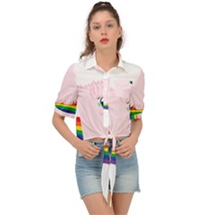 Pink Fluffy Unicorns Dancing On Rainbows Drawing Tie Front Shirt 