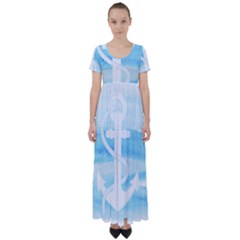 Anchor Watercolor Painting Blue High Waist Short Sleeve Maxi Dress