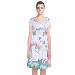 Illustration Vector Unique Unicorn Short Sleeve Front Wrap Dress by Sudhe