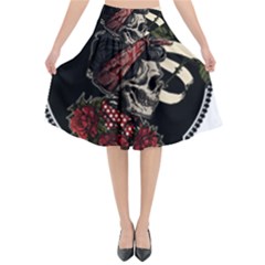 Skull Rose Fantasy Dark Flowers Flared Midi Skirt by Sudhe