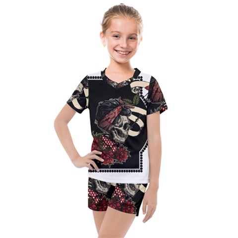 Skull Rose Fantasy Dark Flowers Kids  Mesh Tee And Shorts Set by Sudhe