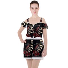 Skull Rose Fantasy Dark Flowers Ruffle Cut Out Chiffon Playsuit by Sudhe