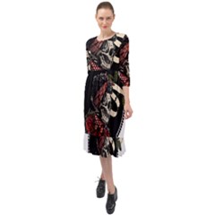 Skull Rose Fantasy Dark Flowers Ruffle End Midi Chiffon Dress