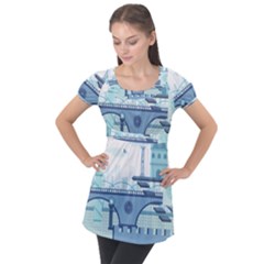 Blue City Building Fantasy Puff Sleeve Tunic Top by Sudhe