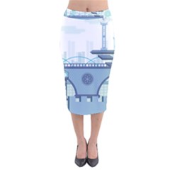 Blue City Building Fantasy Velvet Midi Pencil Skirt by Sudhe