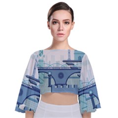 Blue City Building Fantasy Tie Back Butterfly Sleeve Chiffon Top by Sudhe