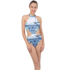 Blue City Building Fantasy Halter Side Cut Swimsuit by Sudhe