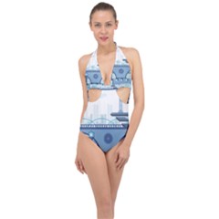 Blue City Building Fantasy Halter Front Plunge Swimsuit by Sudhe