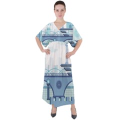 Blue City Building Fantasy V-neck Boho Style Maxi Dress by Sudhe