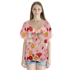 Floral Surface Pattern Design V-neck Flutter Sleeve Top by Sudhe