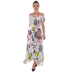 The Park  Pattern Design Off Shoulder Open Front Chiffon Dress