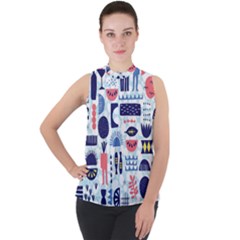 Vector Illustrated Pattern Design Mock Neck Chiffon Sleeveless Top by Sudhe