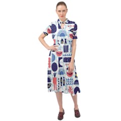 Vector Illustrated Pattern Design Keyhole Neckline Chiffon Dress