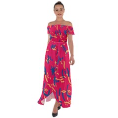 Pattern Booty Faces Off Shoulder Open Front Chiffon Dress