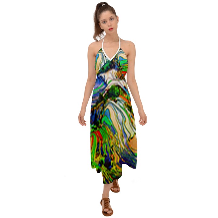 Artistic Nature Painting Halter Tie Back Dress 