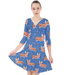 Corgi Patterns Quarter Sleeve Front Wrap Dress by Sudhe