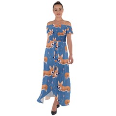 Corgi Patterns Off Shoulder Open Front Chiffon Dress