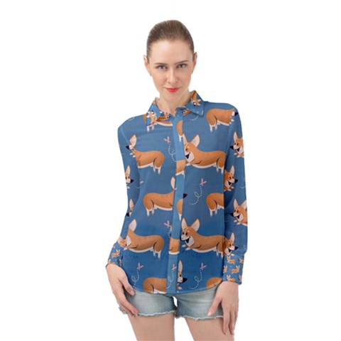 Corgi Patterns Long Sleeve Chiffon Shirt by Sudhe