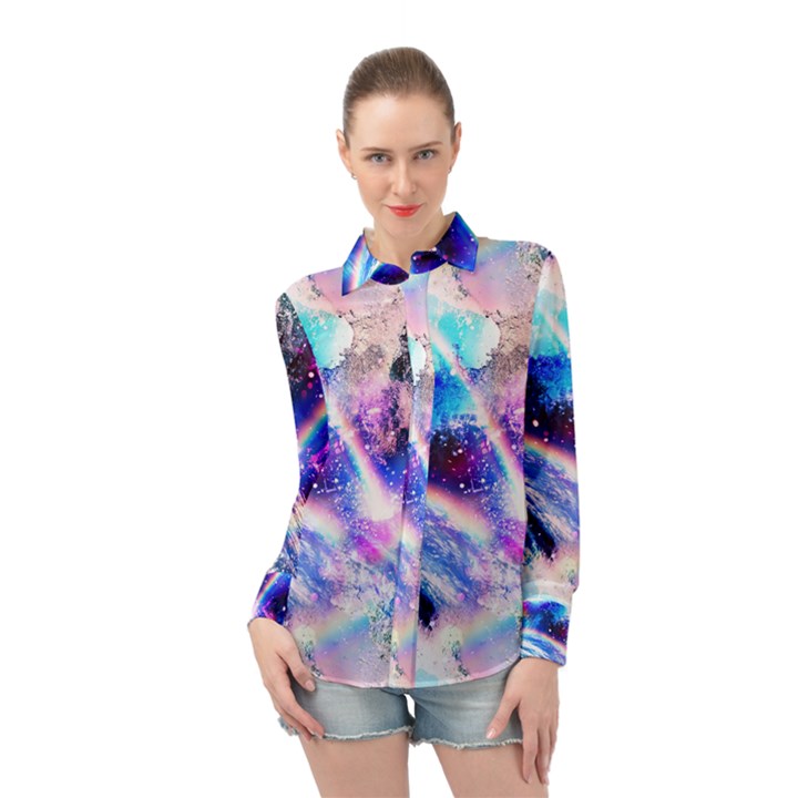 Crystal Wave Pattern Design Long Sleeve Chiffon Shirt