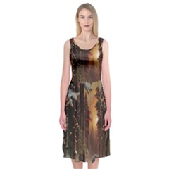 Sunset In The Frozen Winter Forest Midi Sleeveless Dress by Sudhe