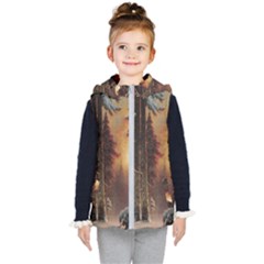 Sunset In The Frozen Winter Forest Kids  Hooded Puffer Vest