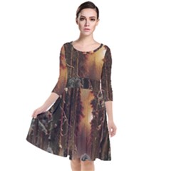 Sunset In The Frozen Winter Forest Quarter Sleeve Waist Band Dress