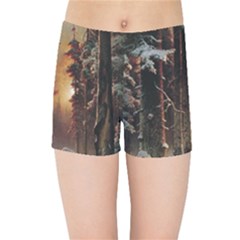 Sunset In The Frozen Winter Forest Kids  Sports Shorts