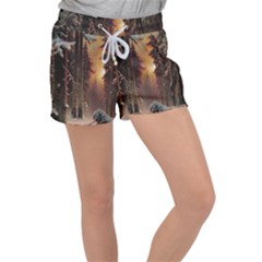 Sunset In The Frozen Winter Forest Women s Velour Lounge Shorts by Sudhe