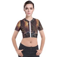 Sunset In The Frozen Winter Forest Short Sleeve Cropped Jacket