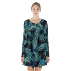 Palms Pattern Design Long Sleeve Velvet V-neck Dress by Sudhe